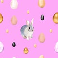 Seamless pattern watercolor eggs and Easter Bunny on pink background Royalty Free Stock Photo