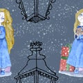 Seamless pattern with watercolor elf girl in blue dress with bear toy, presents and lantern