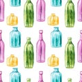 Seamless Pattern of Watercolor Empty Multicolored Bottles