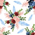 Seamless pattern watercolor ethnic bohemian style burgundy garnet navy blue flowers leaf bouquet for Wedding, stationary,