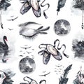 Seamless pattern with watercolor eyes and swans, feathers and birds, pointe shoes and Moon