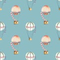 Seamless pattern with watercolor festive air balloons aerostats Royalty Free Stock Photo