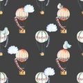 Seamless pattern with watercolor festive air balloons, clouds and cute birds Royalty Free Stock Photo