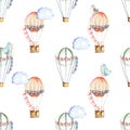 Seamless pattern with watercolor festive air balloons, clouds and cute birds Royalty Free Stock Photo