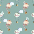 Seamless pattern with watercolor festive air balloons, clouds and cute birds, hand drawn isolated on a white background Royalty Free Stock Photo