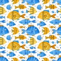 Seamless pattern with watercolor fish for background, postcard, cover, wallpaper, banner. Hand drawn cute inhabitants of the sea