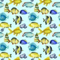 Seamless pattern with watercolor fish surgeon, goldfishes and other oceanic fishes Royalty Free Stock Photo