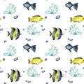 Seamless pattern with watercolor fish surgeon and other oceanic fishes Royalty Free Stock Photo