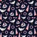 Seamless pattern with watercolor flag, lighthouse, seagull, lifebuoy, boat. Hand drawn illustration isolated on dark blue Royalty Free Stock Photo