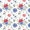 Seamless pattern with watercolor floral arrangement, red, white and blue flowers and green leaves. Botanical illustration Royalty Free Stock Photo