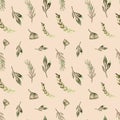 Seamless pattern watercolor floral design: branch green, leaves Royalty Free Stock Photo