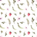 Seamless pattern watercolor floral design: garden rose peony, powder white pink, branch green