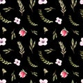 Seamless pattern watercolor floral design: garden rose peony, powder white pink, branch green