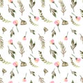 Seamless pattern watercolor floral design: garden rose peony, powder white pink, branch green Royalty Free Stock Photo