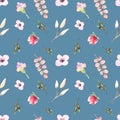 Seamless pattern watercolor floral design: garden rose peony, powder white pink, branch green