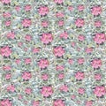 Seamless pattern watercolor flower dog rose on blue background. Hand-drawn summer branch with green leaves and wild pink Royalty Free Stock Photo