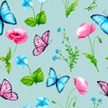 Seamless pattern. Watercolor flowers and butterflies on a blue background. Royalty Free Stock Photo