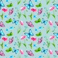 Seamless pattern. Watercolor flowers and butterflies on a blue background. Royalty Free Stock Photo