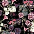 Seamless pattern watercolor flowers with butterfly on black background. Royalty Free Stock Photo