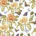 Seamless pattern with watercolor flowers and butterfly. Rose. Royalty Free Stock Photo