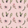 Seamless pattern with watercolor flowers, leaves, and berries.Spring and summer textiles Royalty Free Stock Photo