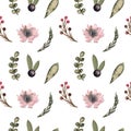 Seamless pattern watercolor with flowers and leaves Royalty Free Stock Photo
