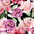 Seamless pattern with watercolor flowers. Peonies.