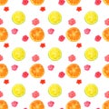 Seamless pattern with watercolor flowers and slices of lemon and orange Royalty Free Stock Photo