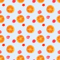 Seamless pattern with watercolor flowers and slices of orange Royalty Free Stock Photo