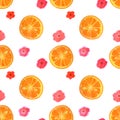 Seamless pattern with watercolor flowers and slices of orange Royalty Free Stock Photo