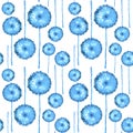 Seamless pattern of watercolor fluffy dandelions. Blue wild flowers on a white isolated background.