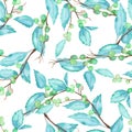 A seamless pattern with a watercolor forest berry branches and leaves