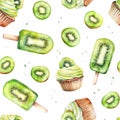 Seamless pattern with watercolor fresh slice kiwi, fruit popsicle and cupcake isolated on white background