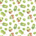 Seamless pattern with watercolor fresh slice kiwi, fruit popsicle and cupcake isolated on white background