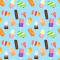 Seamless pattern with watercolor fruit and chocolate ice cream on stick isolated on blue background Royalty Free Stock Photo