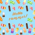 Seamless pattern with watercolor fruit and chocolate ice cream on stick isolated on blue background with summer text Royalty Free Stock Photo