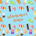 Seamless pattern with watercolor fruit and chocolate ice cream on stick isolated on blue background with summer text Royalty Free Stock Photo