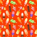 Seamless pattern with watercolor fruit and chocolate ice cream on stick isolated on red background Royalty Free Stock Photo
