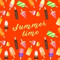 Seamless pattern with watercolor fruit and chocolate ice cream on stick isolated on red background with summer text Royalty Free Stock Photo