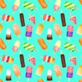 Seamless pattern with watercolor fruit and chocolate ice cream on stick isolated on teal background