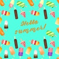 Seamless pattern with watercolor fruit and chocolate ice cream on stick isolated on turquoise background with summer text Royalty Free Stock Photo