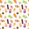 Seamless pattern with watercolor fruit and chocolate ice cream on stick isolated on white background Royalty Free Stock Photo