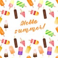 Seamless pattern with watercolor fruit and chocolate ice cream on stick isolated on white background with summer text Royalty Free Stock Photo