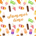 Seamless pattern with watercolor fruit and chocolate ice cream on stick isolated on white background with summer text Royalty Free Stock Photo