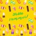 Seamless pattern with watercolor fruit and chocolate ice cream on stick isolated on yellow background with summer text Royalty Free Stock Photo