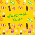 Seamless pattern with watercolor fruit and chocolate ice cream on stick isolated on yellow background with summer text Royalty Free Stock Photo