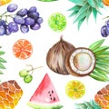 A seamless pattern with the watercolor fruits: grapes, pineapple, coconut, lemon, lime, citrus and other