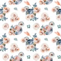 Seamless pattern of watercolor full moon in vintage flower pink and white roses, eucalyptus branches compositions