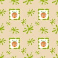 Seamless pattern of watercolor funny cartoon peaches, apricots in a portrait frame on a light background with green blots.