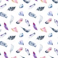 Seamless pattern of watercolor gemstones, crystals and feathers